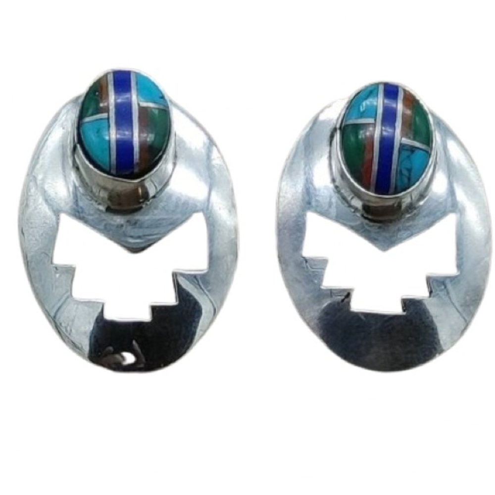Native American Navajo Inlaid Silver Earrings Artisan Made
